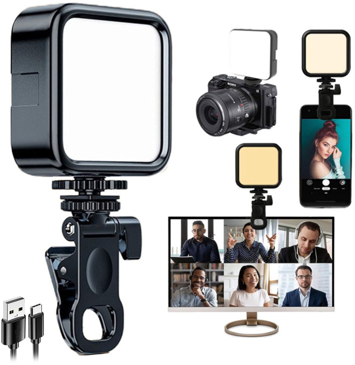 Selfie Light - 3 Color Mini videolamp - Phone Light with Front en Back Clip - Make Up LED lamp - Oplaadbare Video LED Lamp - Geschikt voor Telefoon, Pad, Laptop, Tablet, TikTok, Makeup, Live Stream, Vlog - Oplaadbaar 700 mAh batterij - Zwart