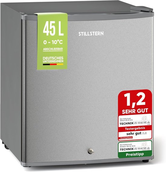 Mini koelkast 45L met vriesvak, stil en compact tafelmodel, slot, automatische ontdooiing, zilver