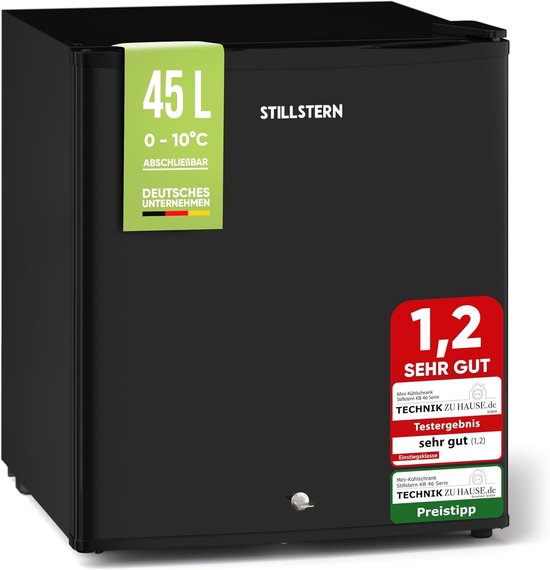 Mini koelkast 45L energiezuinig E, stil 39dB, vriesvak, slot, omkeerbare deur, automatische ontdooiing