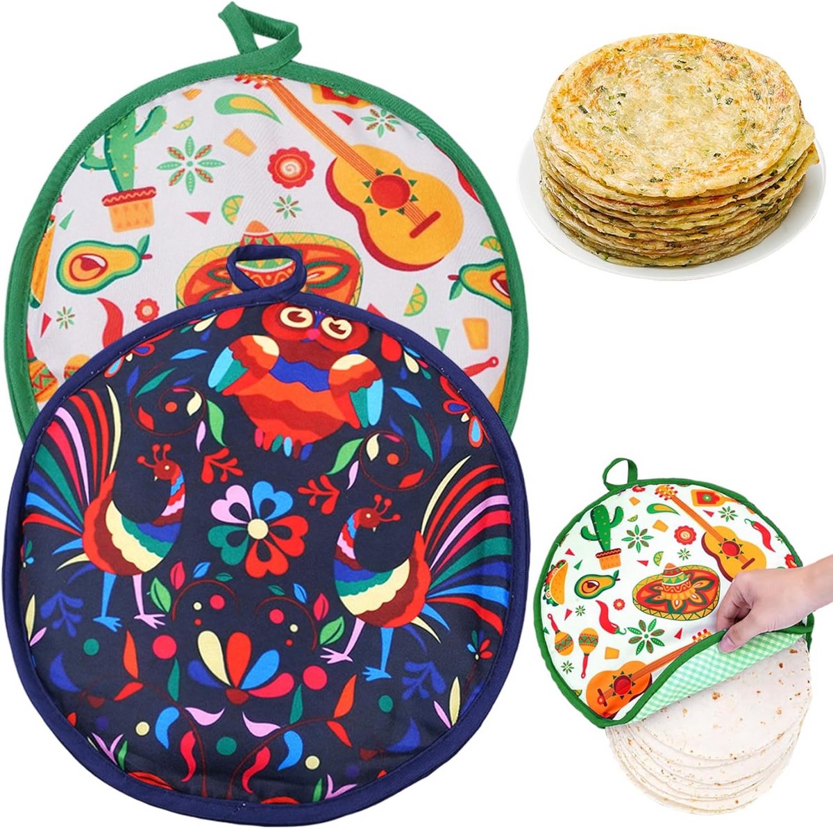 Set van 2 Ronde Tortilla Warmers met Bloemmotief - Magnetronbestendig en Warmhoudend