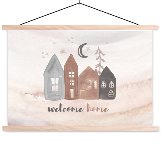 Porte-affiche avec affiche - Affiche scolaire - 'Bienvenue à la maison' - Lune - Proverbes - Citations - 90x60 cm - Lattes vierges