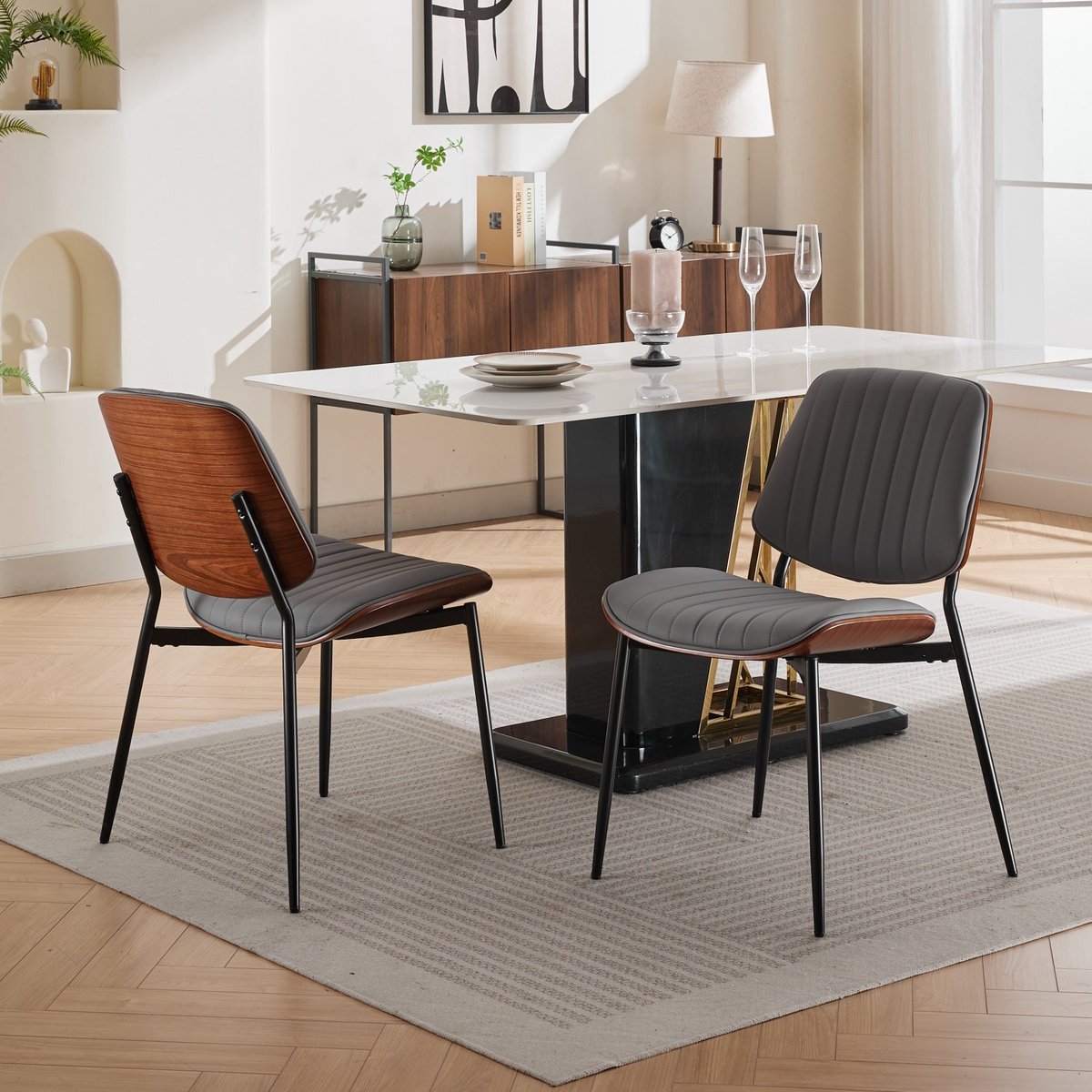 Clruro Set van 2 Eetkamerstoelen - Mid-Century Modern - Retro Kunstleer & Walnoot Rug - Verstelbare Voeten - Grijs PU