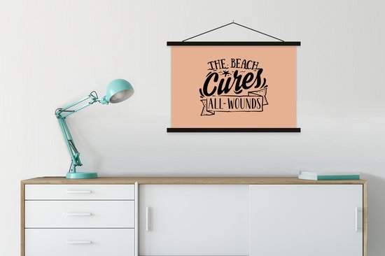 Porte-affiche avec affiche - Affiche scolaire - Été - Plage - Rose - 90x60 cm - Lattes noires