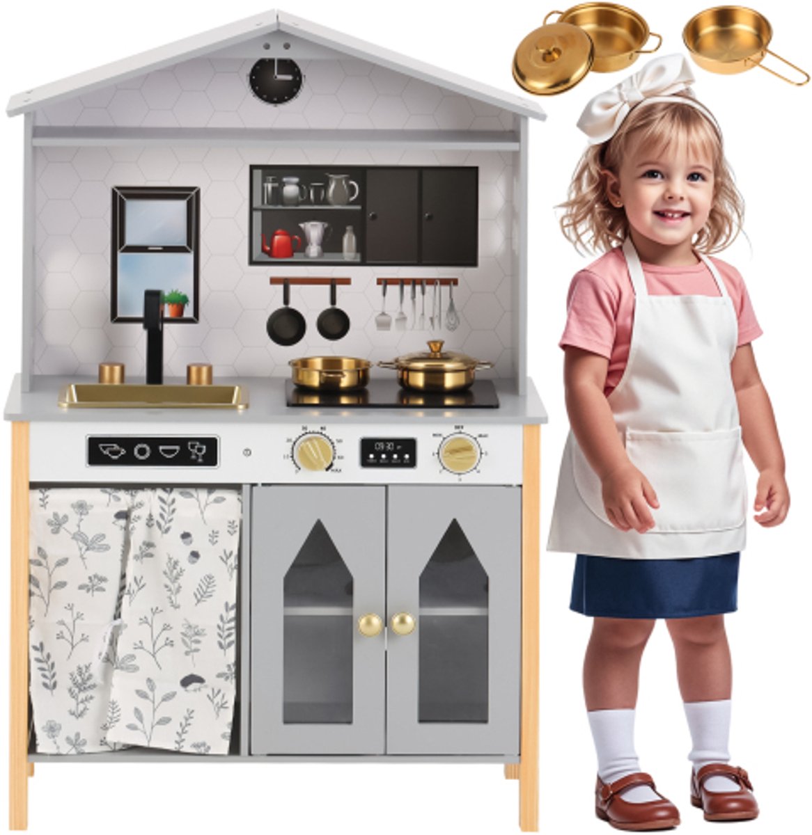Kinderkeuken, speelkeuken - creatief huisontwerp, accessoires en verrassingseffecten, geschikt voor kinderen vanaf 3 jaar, hout + kunststof, grijs, 28,5 x 60 x 92 cm