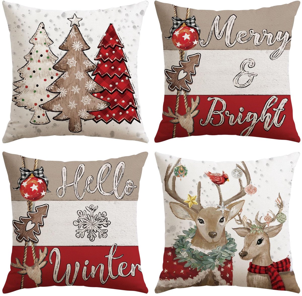 Unyqoos Set van Vier Decoratieve Kussenhoezen met Kerstthema voor een Feestelijke Woonkamer rood