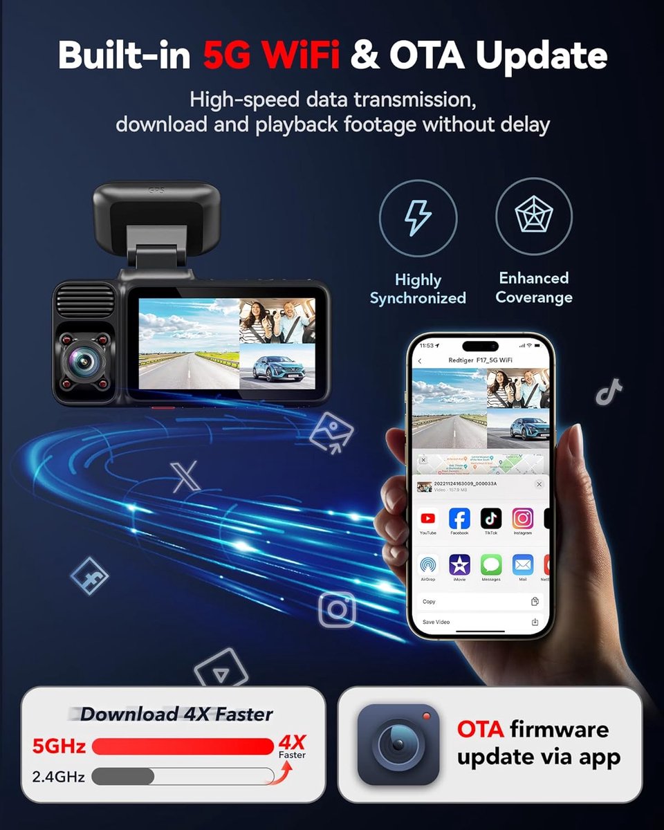 REDTIGER F17 3-kanaals dashcam - 4K+1080P+1080P resolutie - 5GHz wifi - 3 inch touchscreen - met 64GB geheugenkaart & IR-nachtzicht thumbnail 4