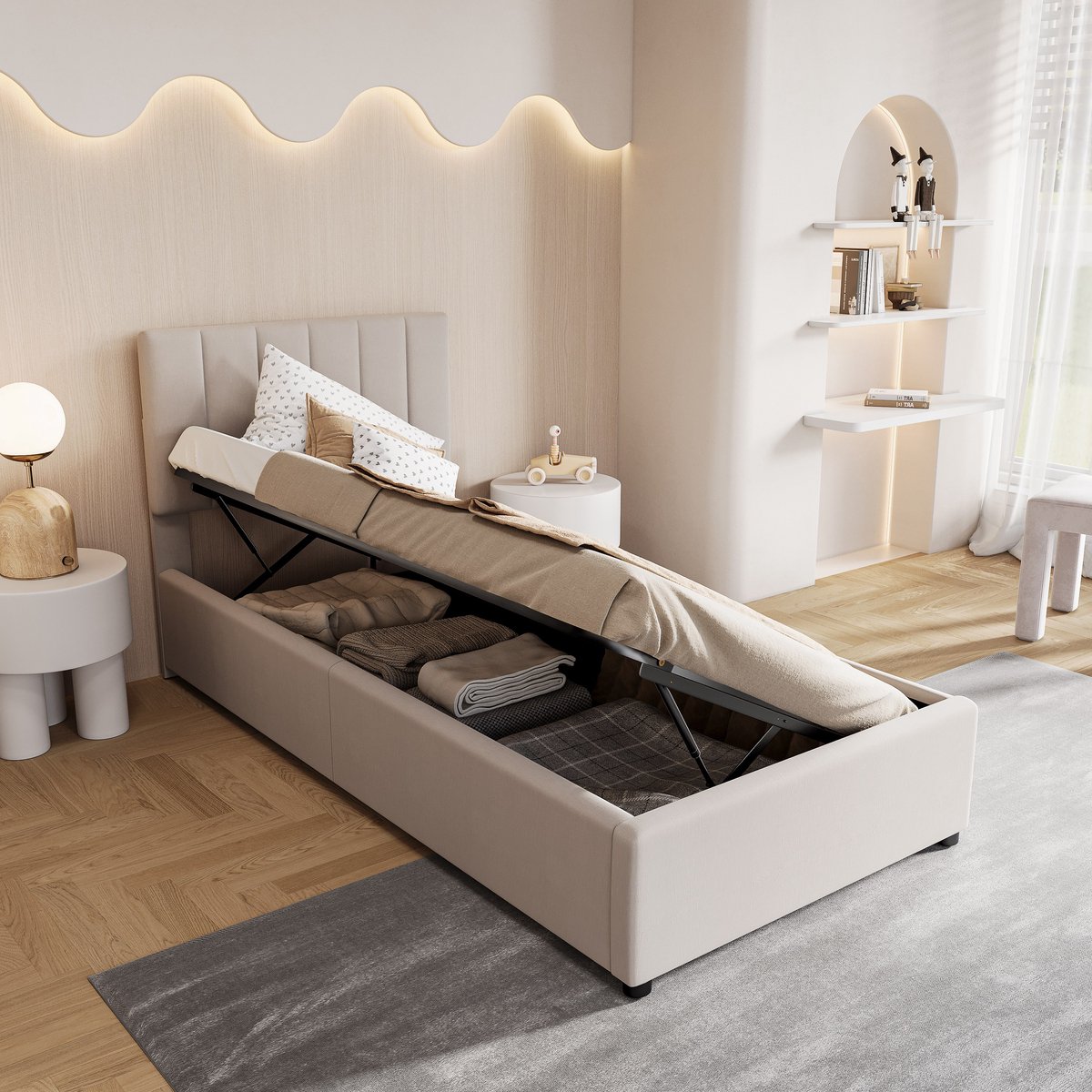 ROSAHQNDA Kinderbed 90x200 cm Gestoffeerd bed met opbergruimte Kinderbed met hydraulisch systeem Eenpersoonsbed Jeugdbed Logeerbed Linnen stof Zonder matras (Verzonden in 2 pakketten) Grijs