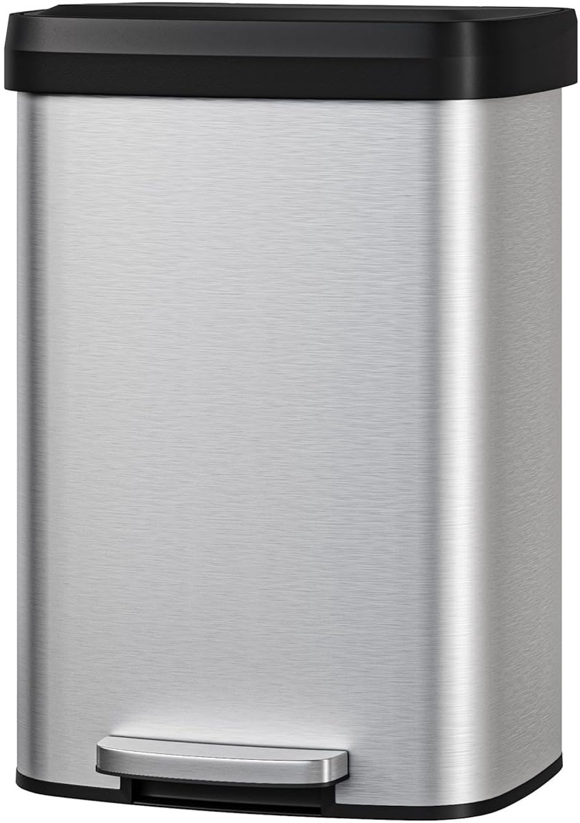 Prullenbak - 50L metalen pedaalemmer met deksel - grote keukenprullenbak, soft-close, met beugelring en achtergreep - zilver