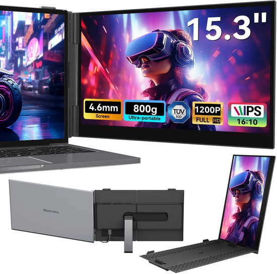 Blackview SCM8 Portable Monitor - 15.3 Inch Draagbaar Scherm - 100% sRGB Draagbare Monitor voor Laptop 13"-17,3" - Laptop Scherm Uitbreider - Extra scherm laptop - Plug & Play - Geschikt voor pc, laptop, Xbox, PS3/4/5, schakelaar - Grijs