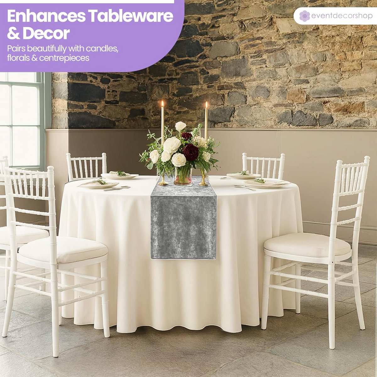Luxe Zilveren Fluweel Tafelloper 33x274 cm - Feestelijk Diner Decoratie