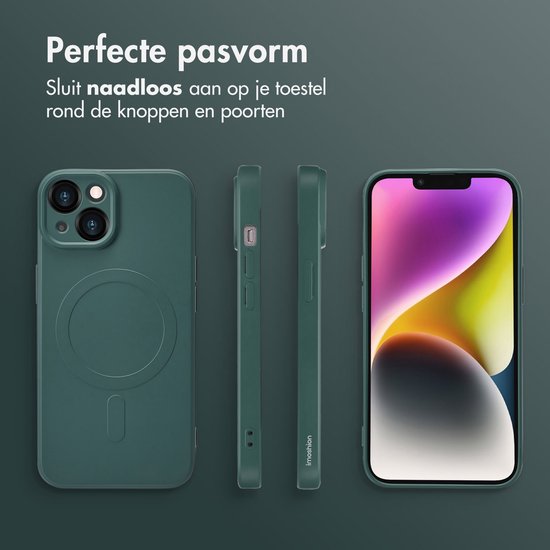 Donkergroen telefoonhoesje, perfect passend rond knoppen en poorten, met telefoon.