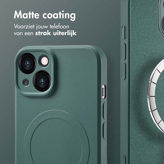 Donkergroen telefoonhoesje met matte coating en ring voor MagSafe.