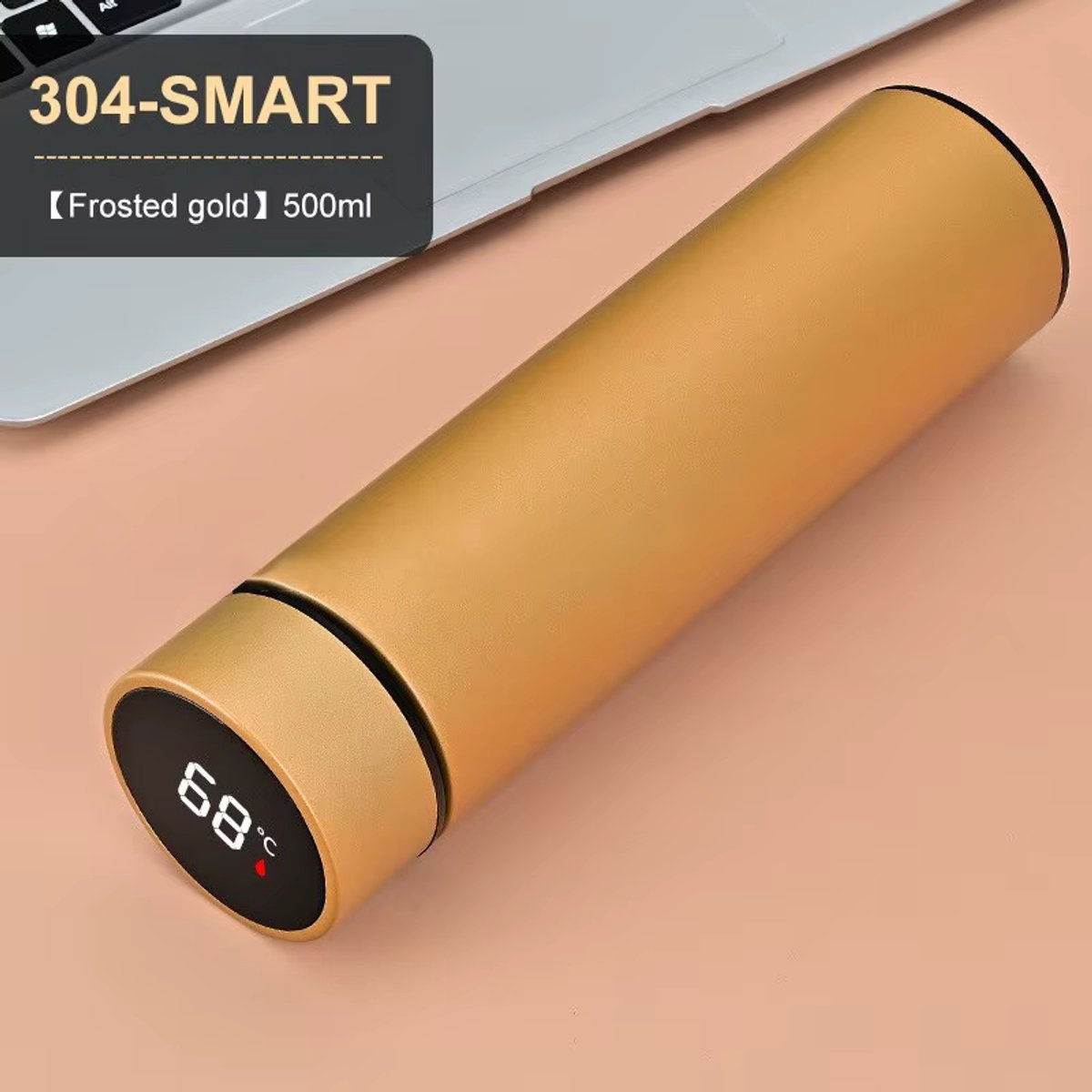 Thermosfles 500ml met Temperatuur Display – RVS Isolatiefles – Warm & Koud – Lekvrij – Waterfles – Goud