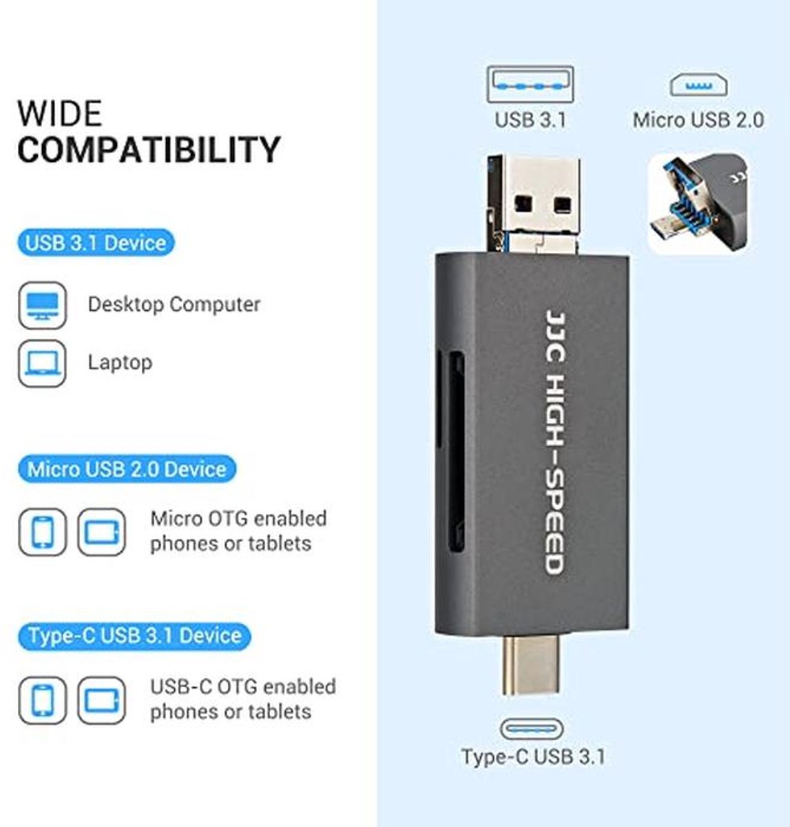 3-in-1 USB 3.1 Geheugenkaartlezer voor SD, microSD en MMC - Snelle Gegevensoverdracht thumbnail 7