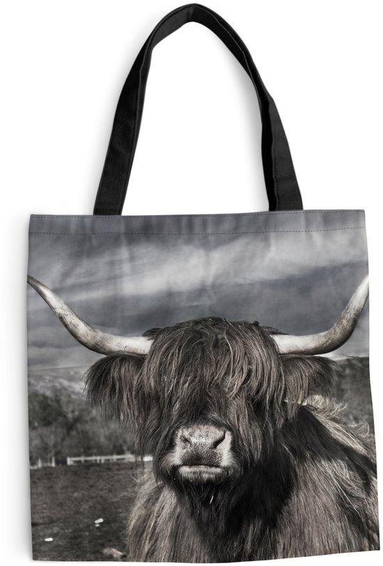 Sac bandoulière - Sac de plage - Shopper Scottish highlander - Portrait - Zwart - Wit - 40x40 cm - Sac en coton