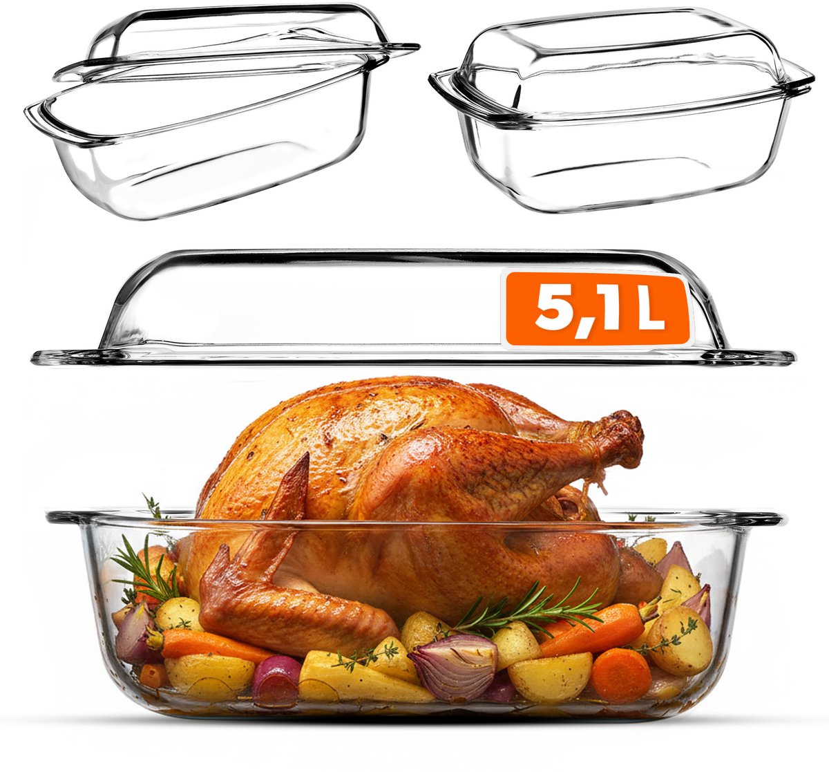 KADAX Ovenschaal met deksel en handgrepen, 5,1 liter, rechthoekige glazen braadpan van hittebestendig glas, glazen ovenvorm voor vlees, lasagne, oven