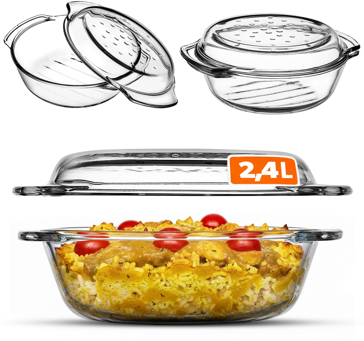 KADAX Glazen braadpan, ovenschaal met deksel van hittebestendig glas, vuurvast vat voor lasagne, groentestoofpot, glazen braadpan om in de oven te braden (rond - 2,4 liter)
