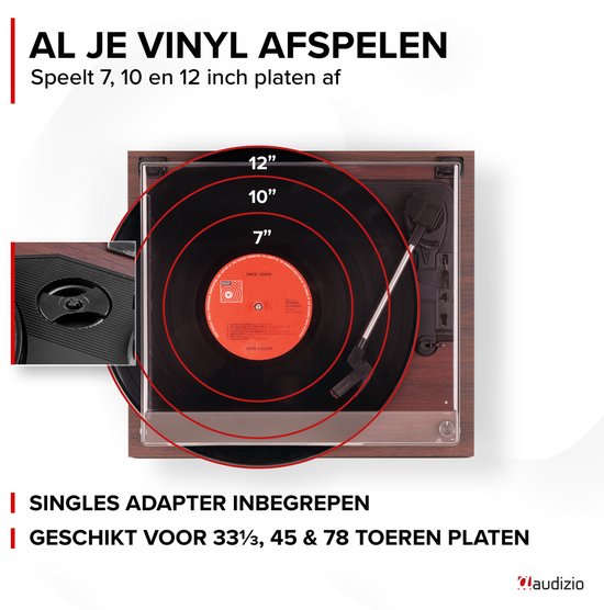 Overzicht van vinylmaten (7", 10", 12") op een retro platenspeler. Tekst: 'Al je vinyl afspelen'.