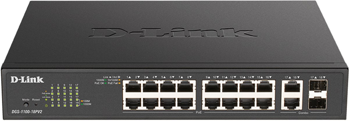 D-Link DGS-1100-18PV2 netwerk-switch Managed L2 Gigabit Ethernet (10/100/1000) Power over Ethernet (PoE) 1U Zwart
