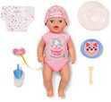 BABY born pop met roze romper met kattenprint, mutsje, en accessoires: luier, speen, fles, bordje, lepel en potje.