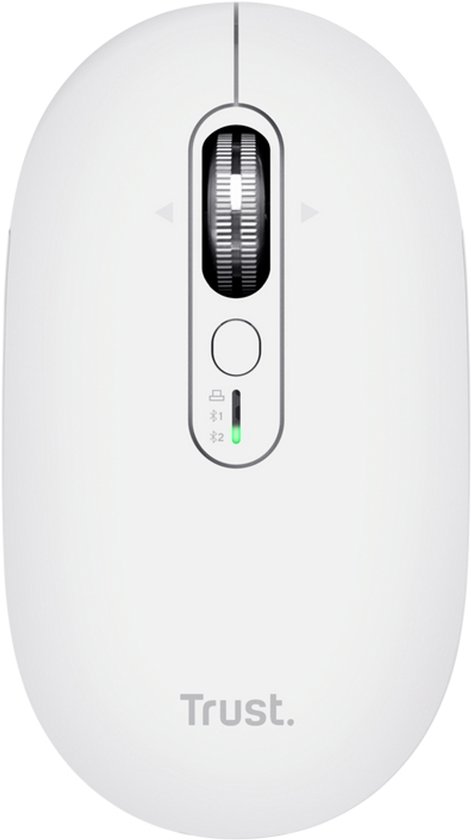 Witte Trust muis met scrollwiel, DPI-knoppen en 'Trust.' logo.