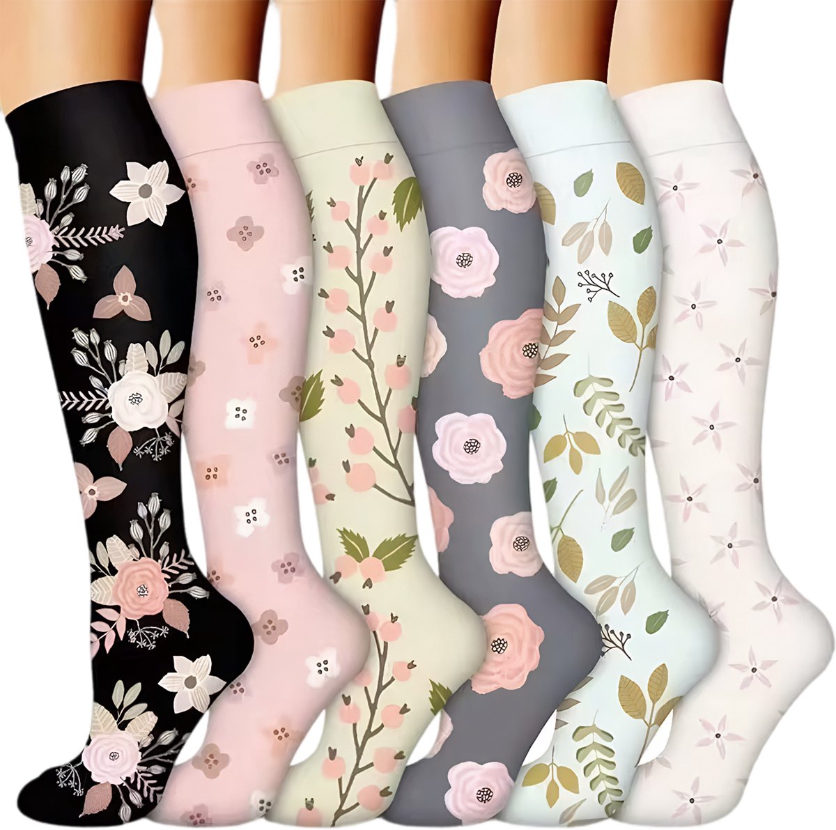 6 paar - compressie sokken voor vrouwen - Sportcompressiekousen - Lange compressiekousen voor dames - vrouwen compressiekousen - Rekbare compressiekousen - voor hardlopen, atletische, reizen(S/M)