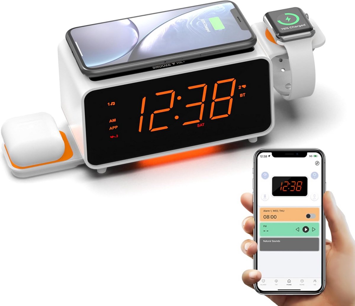Wekkerradio met Dubbele Draadloze Oplader, FM Radio & Bluetooth Speaker