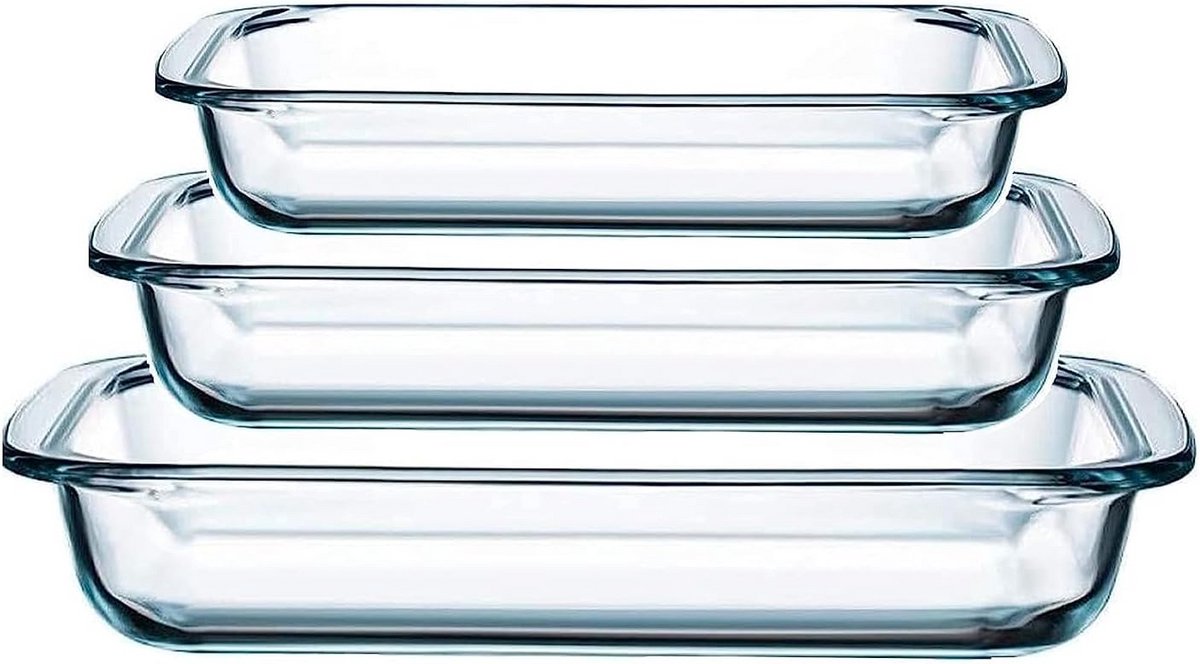 Set van 3 Rechthoekige Ovenschalen van Glas - Verschillende Groottes