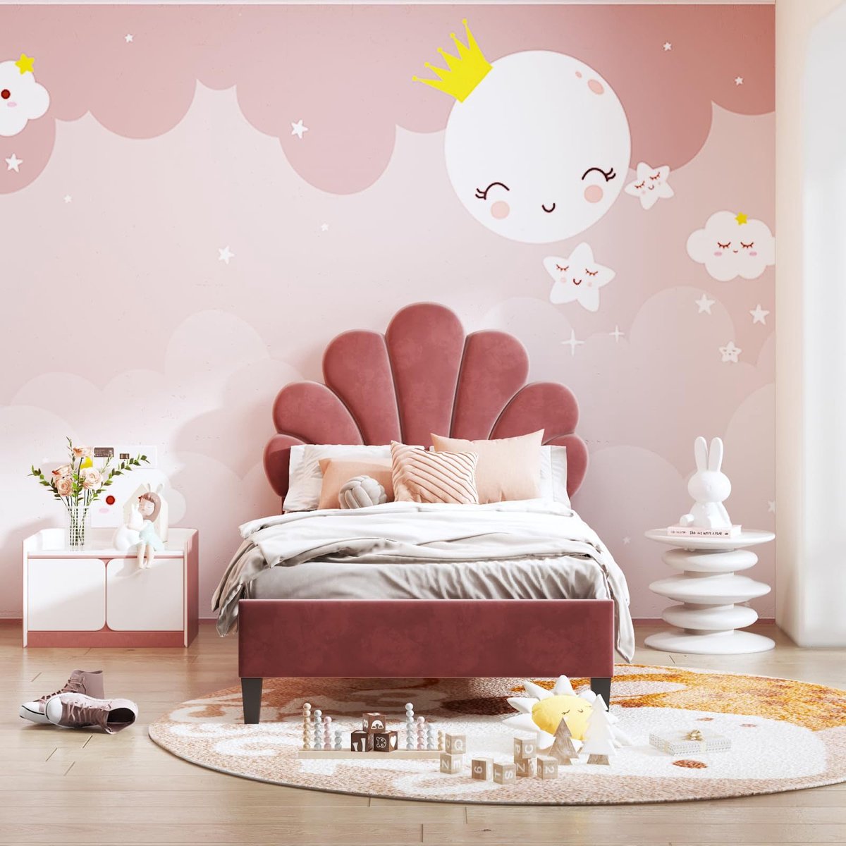 90x200cm Kinderbed – Fluwelen Bedframe met Bloemvormig Hoofdeinde – Lattenbodem – Meisjes Slaapkamer