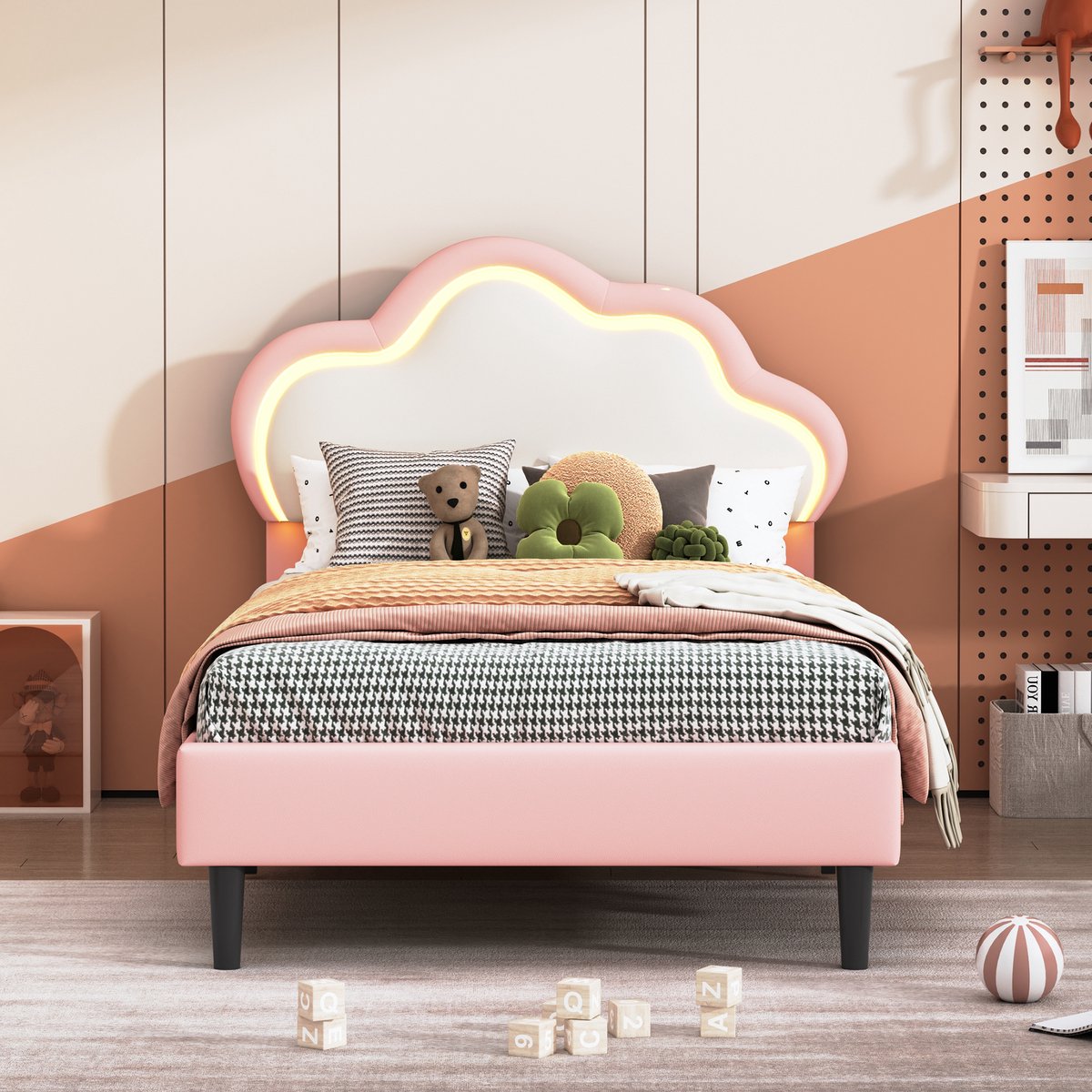 90x200cm Prinsessenbed voor Kinderen – Roze & Wit Kunstleer Wolk Hoofdeinde met Lattenbodem – Meisjes Slaapkamermeubilair