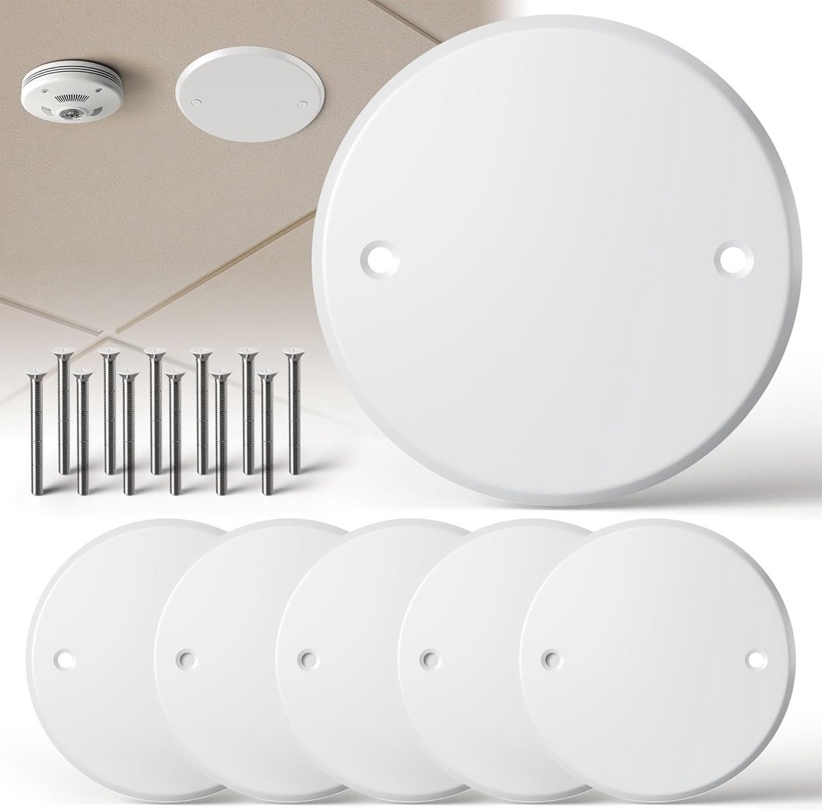 Set van 6 witte metalen afdekplaten voor ronde of achthoekige gaten in plafond of muur