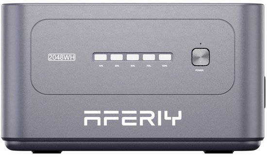 Grijze AFERIY powerstation met '2048WH' indicatie en stroommeter.