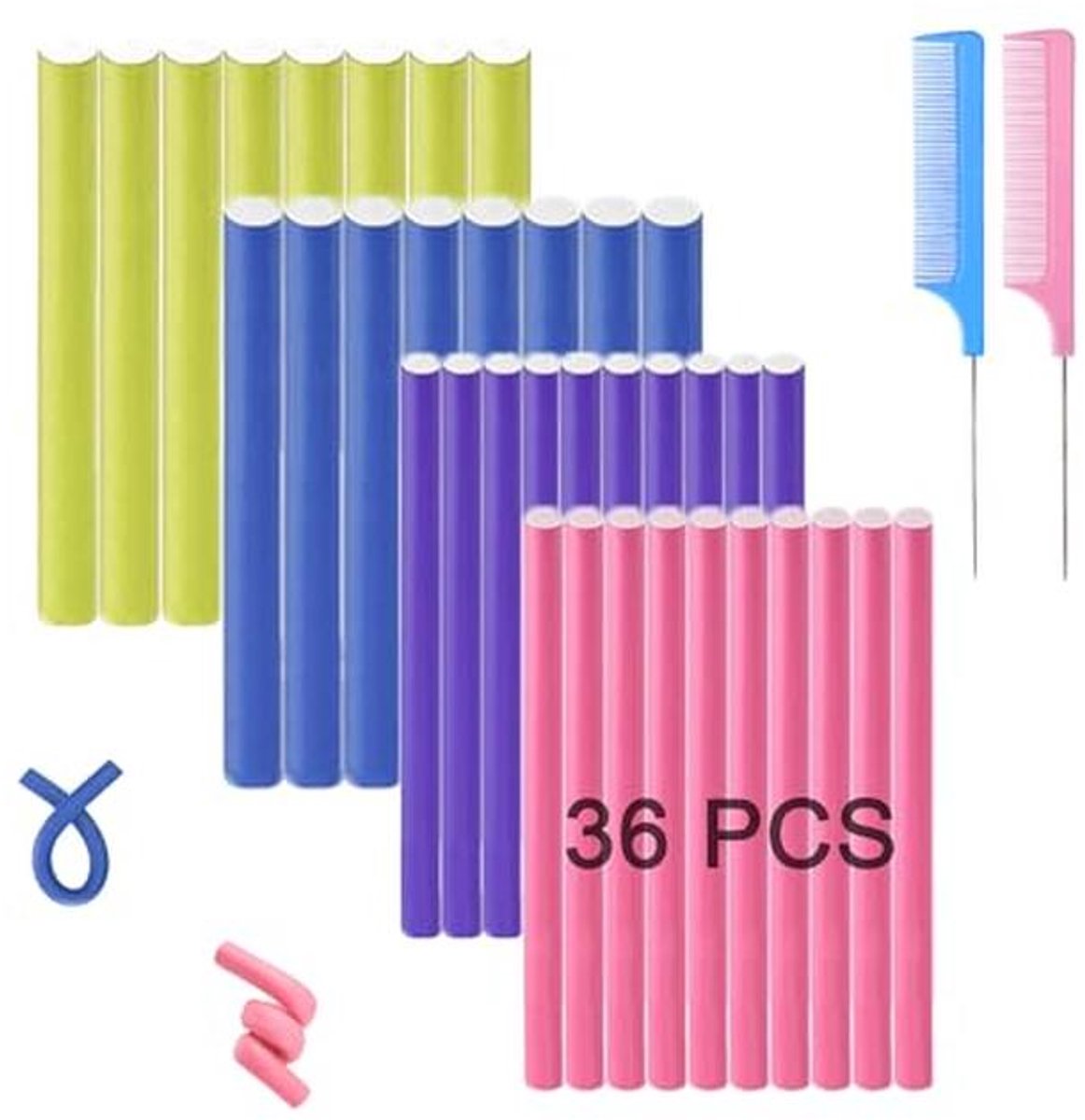 36 Stuks Flexibele Haarrollen Set voor Hitteloze Krullen - Voor Kort en Lang Haar