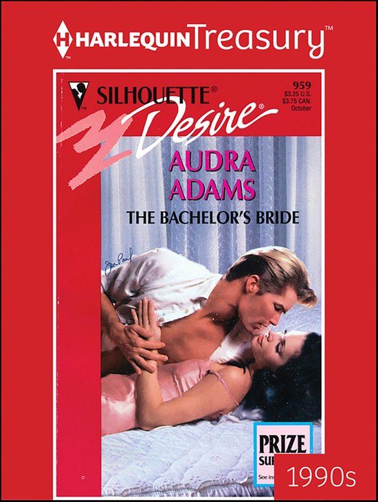Boekomslag van 'The Bachelor's Bride' door Audra Adams. Een man kust een vrouw op een roze bank. Titel: 'Silhouette Desire'