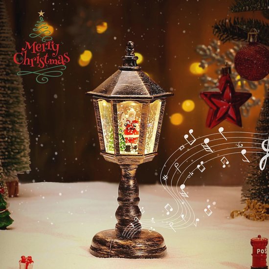 Kerstdecoratie lantaarn, kerstsneeuwbol-lantaarn met muziek, kerstdecoratie, vintage kerstlantaarn met glinsterende sneeuwbol nachtlampje, USB en batterijvoeding, voor open haarden, tafeldecoratie
