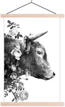 Porte-affiche avec affiche - Affiche scolaire - Vue latérale Highlander écossais avec des fleurs - noir et blanc - 60x90 cm - Lattes vierges