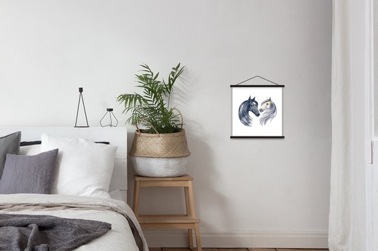 Porte-affiche avec affiche - Affiche scolaire - Paarden - Aquarelle - Wit - Filles - Enfants - Meiden - 40x40 cm - Lattes noires