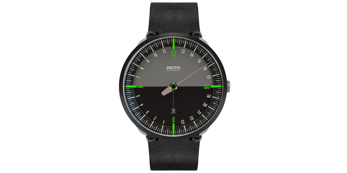BOTTA Horloge UNO 24 Automatisch 24-uurs - Eenwijzer - Black Edition - Zwart-Groen - Zwart Leren Band - 40 mm