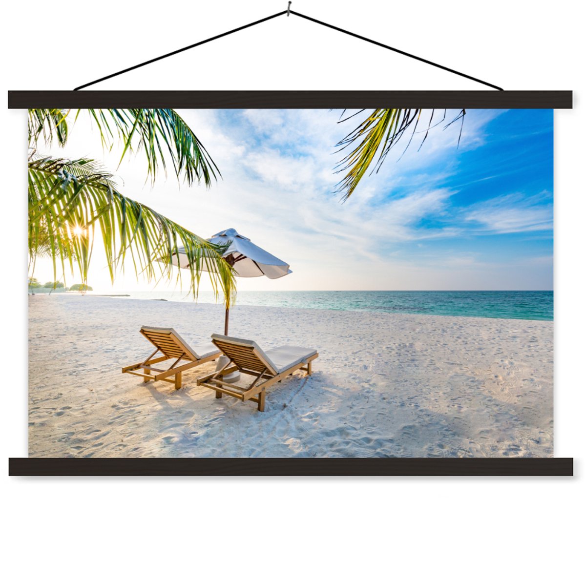 Posterhanger incl. Poster 90x60 cm - Schoolplaat - Strandstoel - Parasol - Zonsondergang -