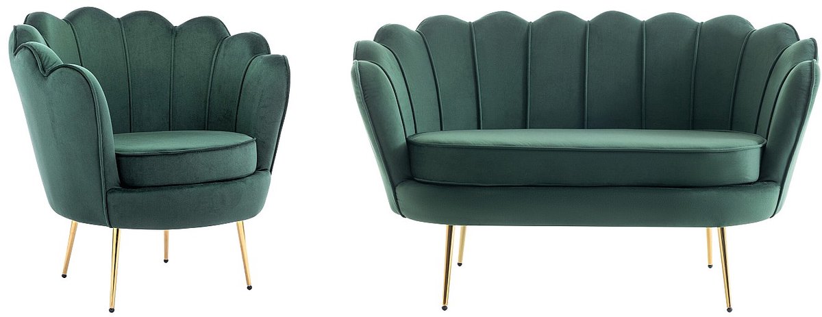 Vente-unique Zitbank 2 personen en fauteuil in schelpvorm in dennengroen fluweel DANDELION