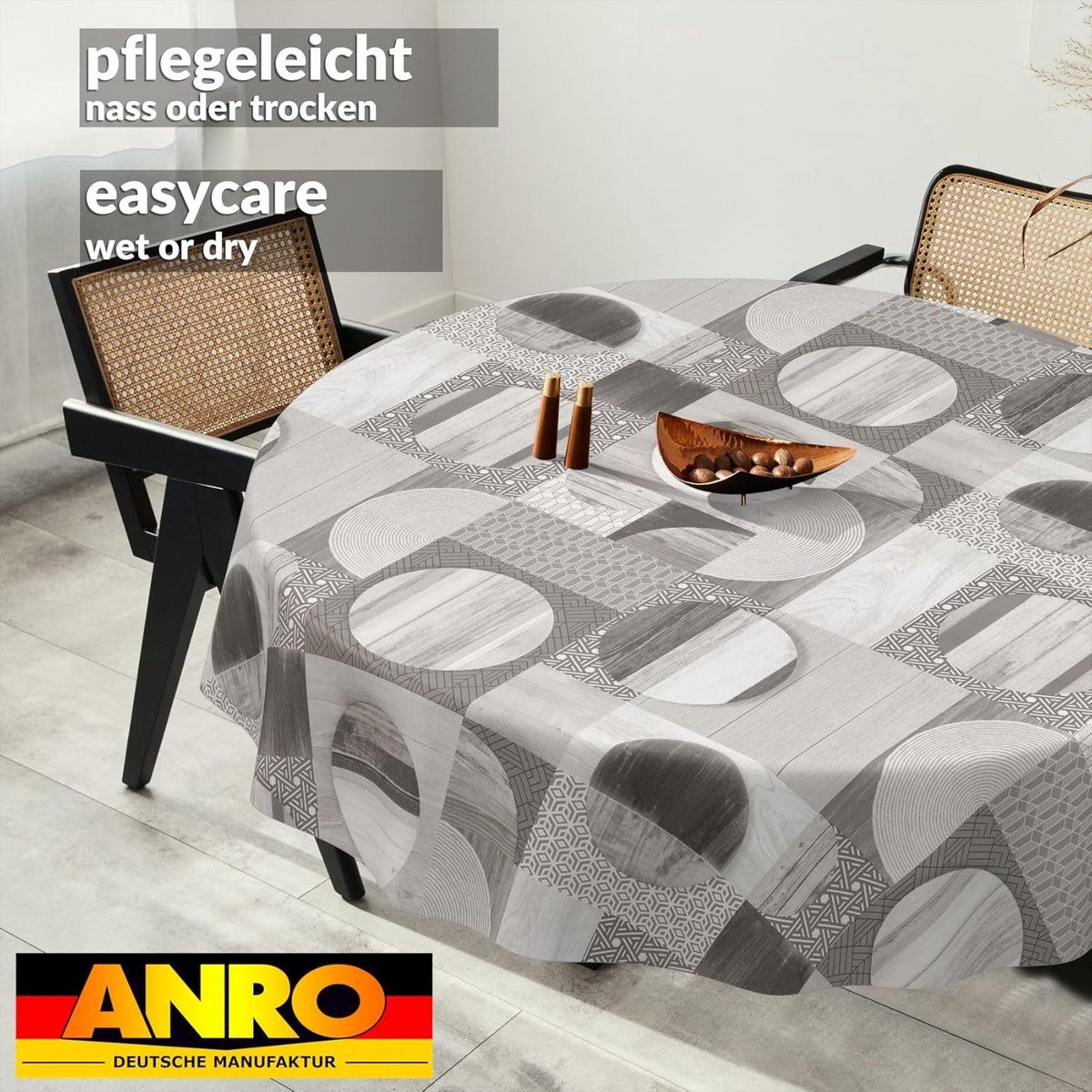 Afwasbaar Tafelkleed Rond 140 cm Waterafstotend Patchwork Houtlook Grijs