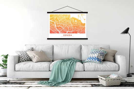 Porte-affiche avec affiche - Affiche scolaire - Plan de la ville - Gouda - Nederland - Jaune - 120x80 cm - Lattes noires