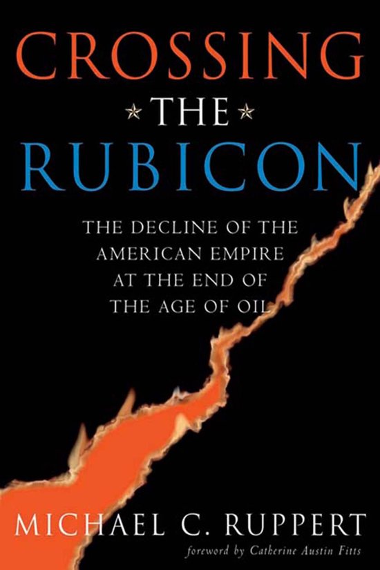 Livre : Crossing the Rubicon. Le fond est noir avec des flammes orange en bas. Le titre est grand en lettres blanches et bleues.