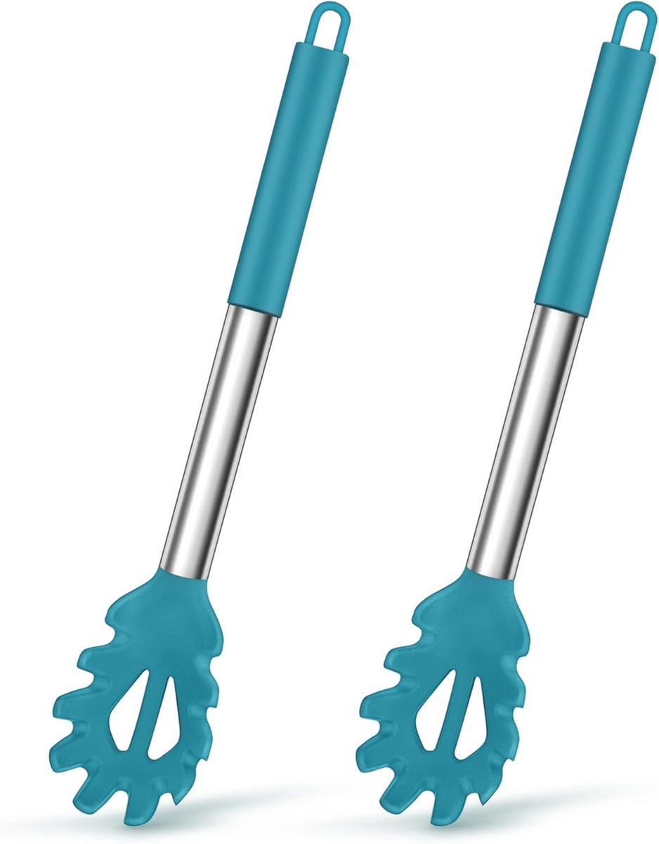 Siliconen Spaghettilepels Set van 2 met Roestvrijstalen Handvat - Blauw