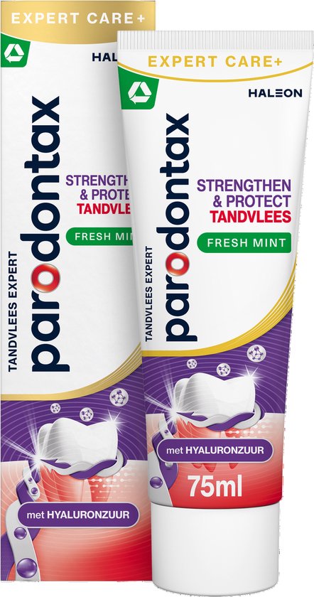 Set van Parodontax "Tandvlees Expert" doos en tube, met "Strengthen & Protect Tandvlees" en "Fresh Mint" aanduiding.