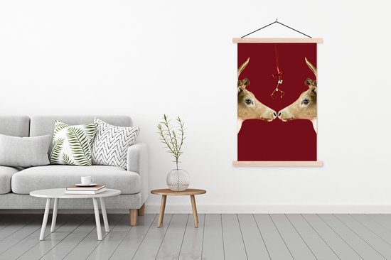 Deux rennes sous le gui sur fond rouge affiche scolaire lattes plates vierges 120x180 cm - Tirage photo sur poster textielposter (décoration murale salon / chambre) XXL / Groot format!