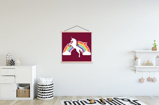 illustration d'une licorne blanche devant un arc en ciel sur fond rouge affiche scolaire lattes plates vierges 90x90 cm - Tirage photo sur poster textielposter (décoration murale salon / chambre)
