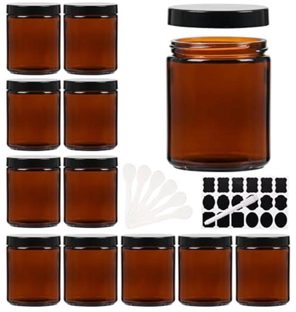 Pack van 12 Bruine Glas Jars 250 ml voor Crèmes, Lotions en Cosmetica