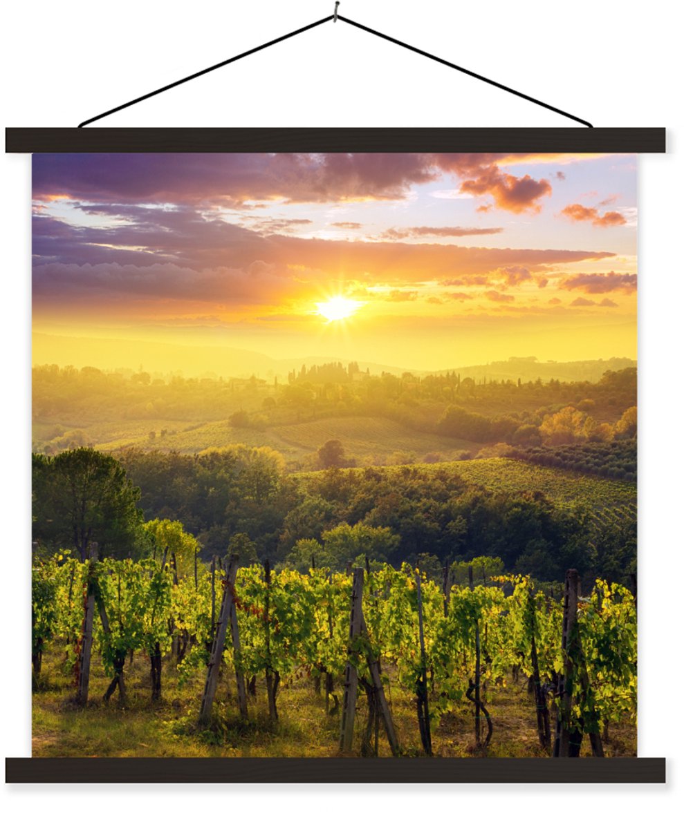 Posterhanger incl. Poster 120x120 cm - Schoolplaat - Toscane - Italië - Druivenbomen - Textielposter - Zwarte latten
