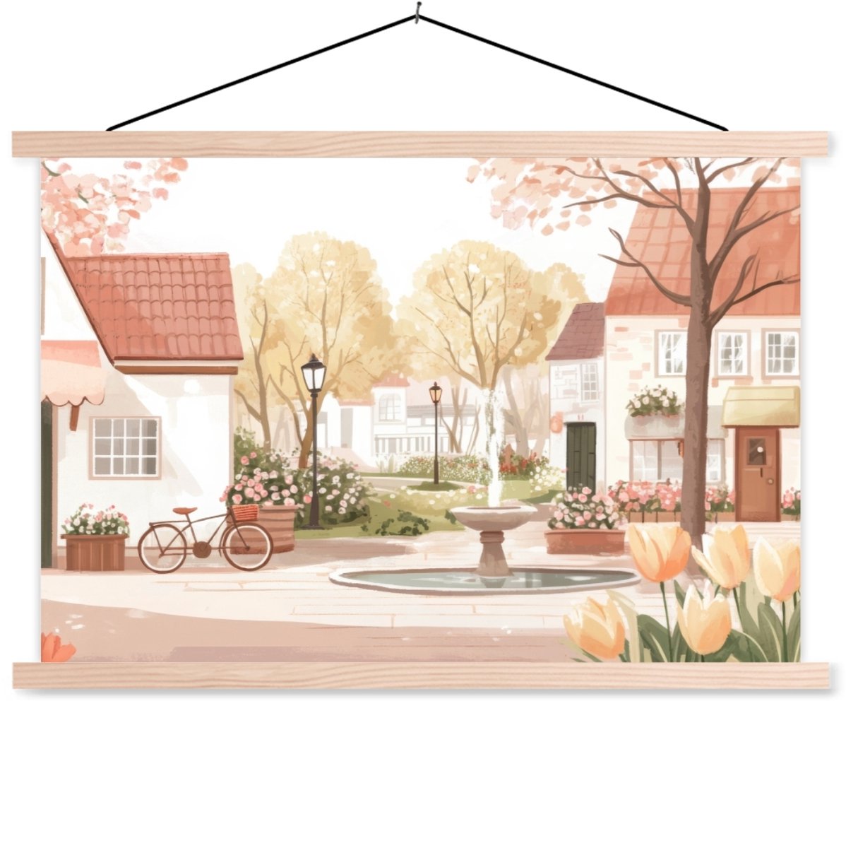 Posterhanger incl. Poster 90x60 cm - Schoolplaat - Dorpsplein - Fontein - Tulpen - Textiel